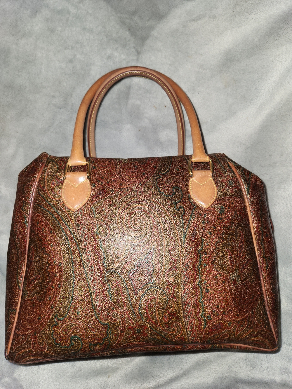 Etro Vintage Milano Paisley Satchel Handbag in Brown with Tan Trim
